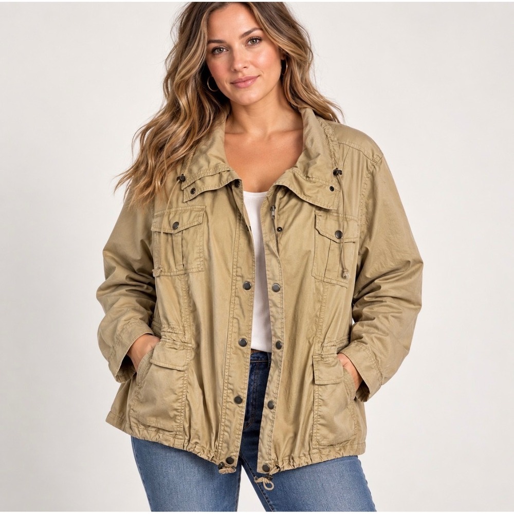 Style & Co Womens Lightweight Utility Jacket XL Zip Up Roll Tab Sleeves Tan